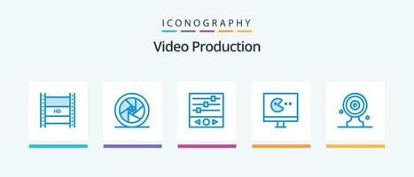 video productie blauw 5 icoon pak inclusief video. spel. superheld. geluid frequentie. creatief pictogrammen ontwerp vector