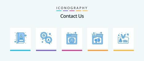 contact ons blauw 5 icoon pak inclusief identiteit. ID kaart. web. webpagina. geluid. creatief pictogrammen ontwerp vector