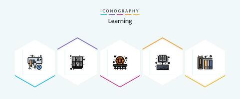 aan het leren 25 gevulde lijn icoon pak inclusief onderwijs. boek. geschoold. online. spel vector