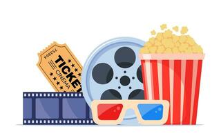 film tijd. samenstelling met popcorn, 3d bril, bioscoop ticket en filmstrip. bioscoop poster, banier ontwerp voor film theater. vector illustratie.