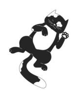 gevlekte huiselijk kat houdende naar beneden Aan terug zwart en wit 2d lijn tekenfilm karakter. schattig katje geïsoleerd vector schets dier. ontspannende dier. pot slapen huisdier monochromatisch vlak plek illustratie