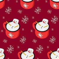 winter heet chocola en heemst sneeuwman in een mok naadloos patroon. schattig en grappig kinderachtig ontwerp Aan donker rood achtergrond. ideaal voor decoratie, omhulsel papier, textiel, behang vector