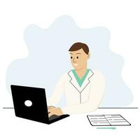 mannetje dokter werken Aan laptop. overleg met een therapeut online banier concept vector
