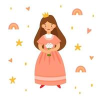 kleine schattige prinses in een roze jurk met een boeket bloemen. vector