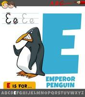 brief e van alfabet met tekenfilm keizer pinguïn vector