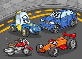 tekenfilm auto's en voertuigen groep in de straat vector