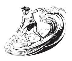 surfer en groot Golf. gravure stijl. vector illustratie.