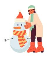 Arabisch vrouw gebouw sneeuwman Kerstmis 2d tekenfilm karakter. midden- oostelijk dame Holding winter geest geïsoleerd vector persoon wit achtergrond. nieuw jaren vooravond december tafereel kleur vlak plek illustratie