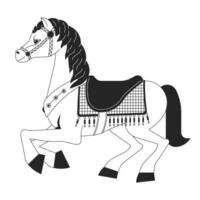 carrousel paard wijnoogst zwart en wit 2d lijn tekenfilm voorwerp. oubollig beeldje geïsoleerd vector schets item. kermis carnaval. traditioneel festival monochromatisch vlak plek illustratie