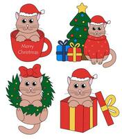 reeks van tekenfilm Kerstmis en nieuw jaar kat karakters. schattig kittens in kop en in geschenk doos, lauwerkrans, Kerstmis boom. vector vlak illustratie.