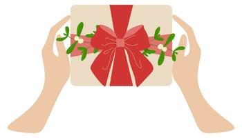 handen houden vakantie geschenk doos. presenteren Kerstmis verrassing verpakt in feestelijk inpakken, pakket, versierd met lint boog en Kerstmis maretak Afdeling. vlak vector illustratie geïsoleerd Aan wit