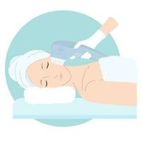 vrouw krijgen hifu spa behandeling. hoog intensiteit focus echografie procedure. smas echografie gezicht hijs- massage met professioneel uitrusting in schoonheid salon. huid traktatie vector