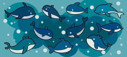 verzameling van tekenfilm walvissen karakters, onderwater- blauw walvissen, schattig vlak ontwerp pictogrammen, vector illustratie.