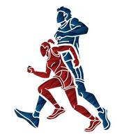 groep van mensen rennen samen marathon mannetje en vrouw rennen actie vector