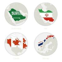 saudi Arabië, iran, Canada, Noorwegen kaart contour en nationaal vlag in een cirkel. vector