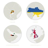 Oeganda, Oekraïne, Verenigde Arabisch emiraten, Verenigde koninkrijk kaart contour en nationaal vlag in een cirkel. vector