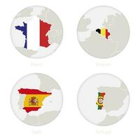 Frankrijk, belgië, Spanje, Portugal kaart contour en nationaal vlag in een cirkel. vector