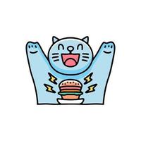 gelukkige kat en hamburger cartoon, illustratie voor stickers en t-shirt. vector
