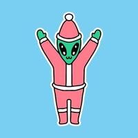 gelukkige alien met kerstmankostuum, cartoonillustratie voor stickers vector