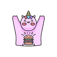 gelukkige eenhoorn met hamburger tekenfilm, illustratie voor sticker. vector