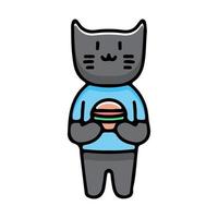schattige zwarte kat met hamburger, illustratie voor stickers en t-shirt. vector