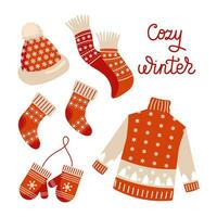 Kerstmis reeks van kleren, trui, sokken, hoed, sjaal en wanten. rood ontwerp met sneeuwvlokken. illustratie, vector