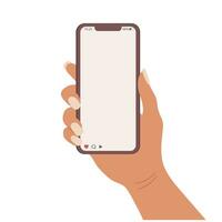 hand- Holding een blanco scherm van een mobiel telefoon, smartphone. mobiel telefoon gebruiken, vlak ontwerp. vector