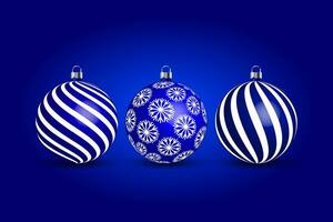 helder blauw Kerstmis ballen met een patroon Aan een blauw achtergrond met lichten. 3d illustratie, Kerstmis kaart, vector