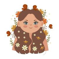 portret van een schattig meisje met lang haar- vervelend bloemen en vlinders, fee. illustratie, vector