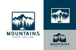 bergen heuvels rivieren en pijnboom bomen retro wijnoogst stijl voor avontuur insigne logo ontwerp vector
