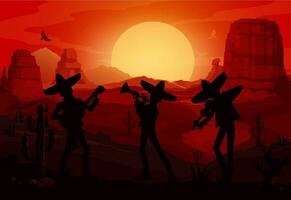 Mexicaans mariachi muzikanten silhouetten in woestijn vector