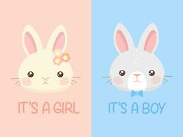 reeks van baby douche uitnodiging met tekenfilm baby konijn Aan blauw en roze achtergrond. zijn een jongen. zijn een meisje. vector illustratie
