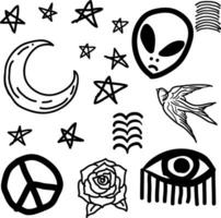 buitenaards wezen, duif, sterren, halve maan, maan, vrede teken, scheur ogen, roos, duif, hand- tekening rauw lijn tekening icoon vel pak vector