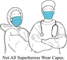 hand- getrokken illustratie van verpleegster en dokter vervelend beschermend maskers en Hazmat pakken, draag- stethoscopen, en beschermend pakken in chirurgie kamer in ziekenhuis vector
