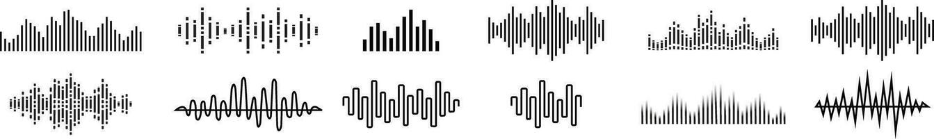 reeks van radio Golf pictogrammen. monochroom gemakkelijk geluid Golf geïsoleerd Aan gelijkmaker, audio golven, radio signaal, medisch, muziek, opnemen, vector verzameling. volume niveau symbolen