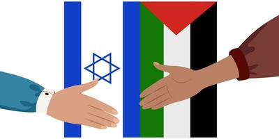 vlaggen van Palestina en Israël. uitbreiden handen naar schudden handen. hou op oorlog concept, vrede concept vector illustratie geïsoleerd Aan wit achtergrond