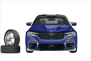 blauw sedan voorkant visie vector indeling. BMW. kunst vector sjabloon van blauw sedan auto met banden Aan de kant.