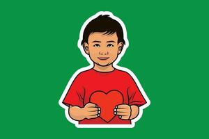 schattig jongen Holding hart met tonen emotie sticker ontwerp vector illustratie. mensen vakantie icoon concept. mensen Holding harten. mensen uitdrukken liefde concept.