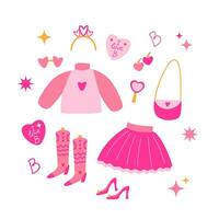 roze poppen reeks accessoires en kleding. schattig roze pictogrammen verzameling - schoenen, jurk, tas, spiegel. vector vector illustratie.