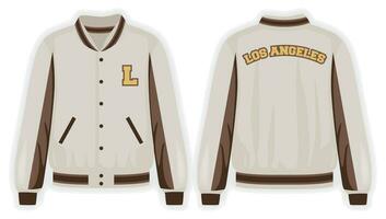 beige bruin varsity jasje voorkant en terug visie, vector mockup illustratie