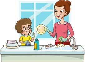 vector illustratie gelukkig schattig weinig jongen het wassen schotel met moeder.blij weinig kinderen aan het doen huiswerk en schoonmaak samen