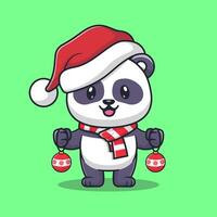 schattig weinig panda met een rood Kerstmis bal voor nieuw jaar en Kerstmis tekenfilm vector icoon illustratie