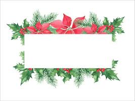 Kerstmis horizontaal kader met winter planten, pijnboom takken, rood kerstster, hulst fabriek met rood bessen. waterverf hand- geschilderd illustratie. mooi zo voor kaarten, logo's, decoratie, banners vector