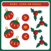 Kerstmis werkblad voor kinderen meer, minder of Gelijk. vergelijken de aantal van schattig Kerstmis voorwerp. nieuw jaar leerzaam spel voor kinderen. vector
