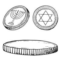Chanoeka munten reeks versierd met ster van david inkt schetsen vector illustratie in zwart en wit