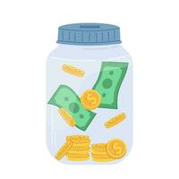 besparing geld kan. geld doos glas met bankbiljetten en munten. vector vlak illustratie.