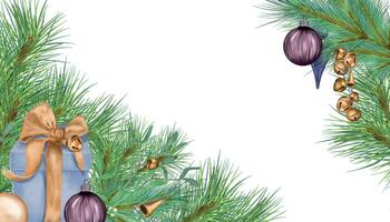 kader van pijnboom Afdeling met Kerstmis ballen en klokken digitaal illustratie geïsoleerd Aan wit. net decoratie, geschenk doos hand- getrokken. element voor Kerstmis kaart, nieuw jaar web banier, vakantie pakket vector