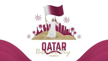 qatar nationaal dag banier met Arabisch Mens Holding vlag en stad vuurwerk achtergrond vector