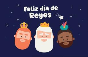 gelukkig Openbaring geschreven in Spaans. drie grappig wijs Heren. koningen van oriënteren Aan blauw achtergrond. Kerstmis vectoren
