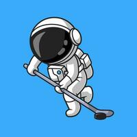 schattig astronaut spelen hockey tekenfilm vector icoon illustratie. technologie sport icoon concept geïsoleerd premie vector. vlak tekenfilm stijl